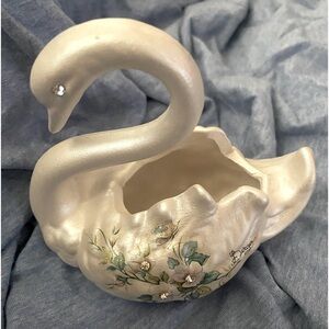 Vintage Berger Porcelain Rhinestone White Swan planter